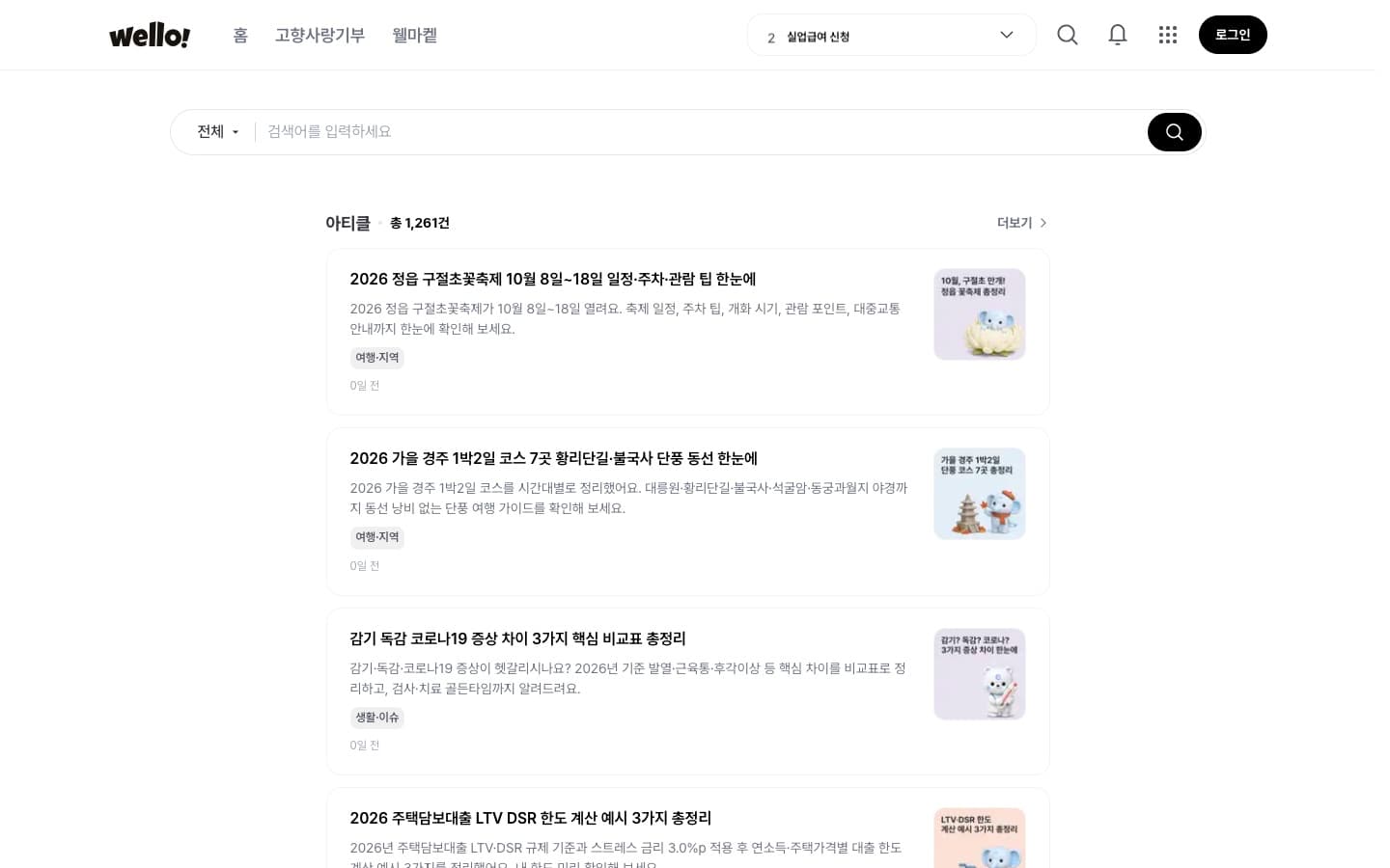 Wello 통합검색 PC 화면. 검색창과 카테고리 선택, 아티클 결과 목록이 보입니다.